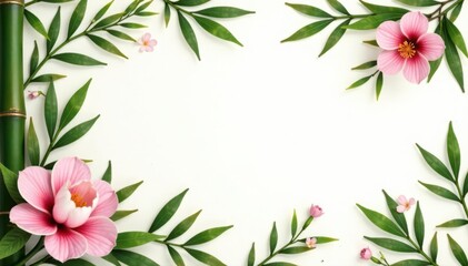 Intricate bamboo border showcases delicate floral arrangement; isolated leaves , texture, design