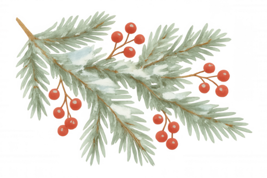 Pine branch with red holly berries and snow, watercolor illustration creating a festive winter holiday design, transparent