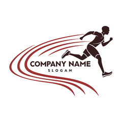 Silhouette of a runner with speed lines and company branding below