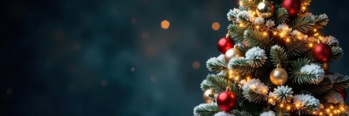 Ornate, flocked Christmas tree with twinkling lights, celebration, winter wonderland, red