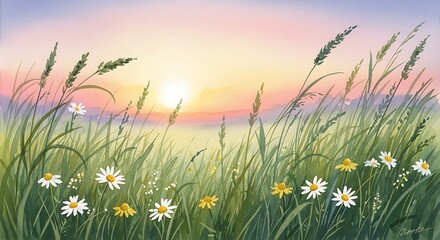 Obraz premium Watercolor painting of a field with daisies and tall grass at sunset with a soft pastel sky hue
