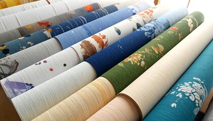 Colorful patterned wallpaper rolls displayed