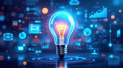 Bright ideas and digital innovation represented by a glowing light bulb amid data graphics and technology symbols