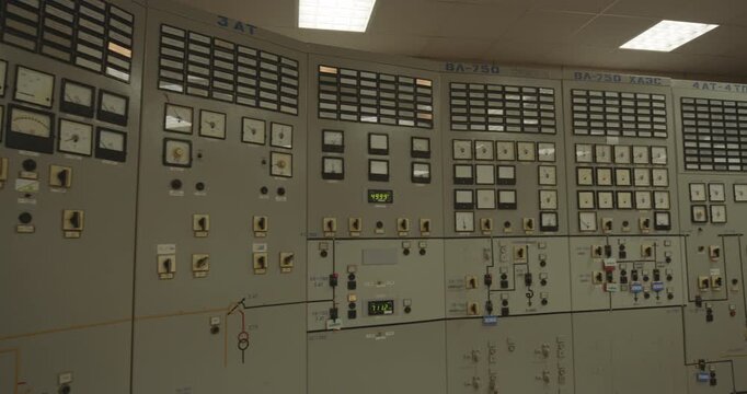 Control Panel At The Main Control Room In The Chernobyl Nuclear Power Plant, Ukraine. Panning Shot