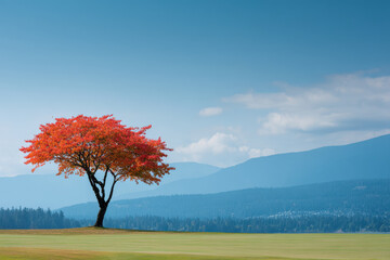 stunning summer landscape featuring solitary red canadian maple tree against clear blue sky in vancouver