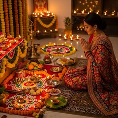 Fototapeta premium Serene moment of an Indian woman in a traditional saree performing a Laxmi Puja during the auspicious Diwali festival celebration at home