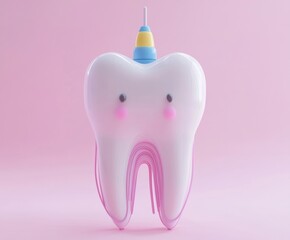 Adorable Cartoon Tooth Character with Unicorn Horn on Pink Background