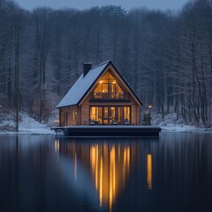 A-frame log cabin with warm lights on a calm lake during a snowy winter dusk.