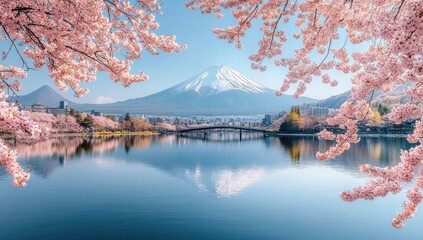 Serene Lake Kawaguchiko View with Mount Fuji and Cherry Blossoms in Spring