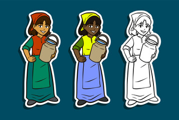 Teen farm girl carrying milk can with apron sticker illustration
