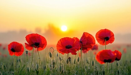 Vibrant Red Poppies at Sunrise, Golden Hour Field