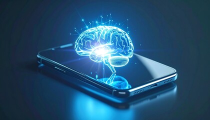 A sleek futuristic smartphone with a transparent body revealing a glowing human-like AI brain inside