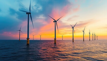 Offshore Wind Turbines at Sunset, Renewable Energy Concept.