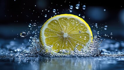 Close-up of a bright yellow lemon slice splashing into clear water with many bubbles
