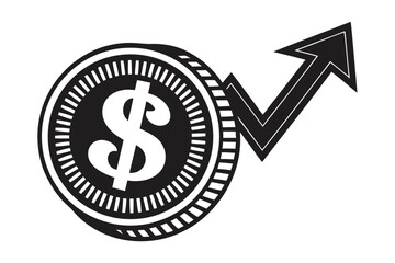 Dollar Coin with Upward Arrow Vector, Stock Growth Concept on White Background