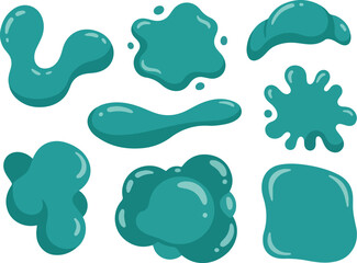 A collection of nine glossy, teal-colored liquid splashes and amorphous blob shapes in a vector illustration style.