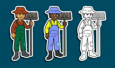 Teen boy farmer with wide rake sticker illustration