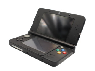 Portable handheld gaming console in black color, opened and isolated on white background. Perfect for concepts of retro gaming