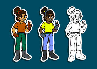 Teen girl farmer giving peace sign sticker illustration