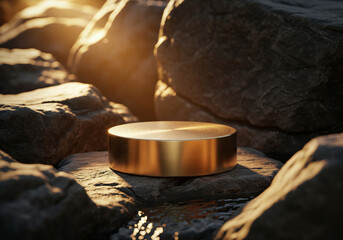 Golden metallic pedestal with polished surface placed among dark canyon rocks with glowing sunlight beams