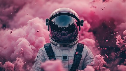 Astronaut in white spacesuit amidst pink smoke, trees reflected in helmet visor.