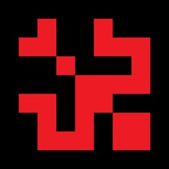 Obraz premium A series of red blocks form a bold geometric pattern against a black background. The design presents a fusion of traditional ethnic ornaments and the aesthetics of digital coding. 