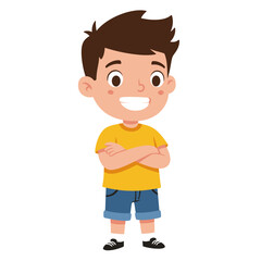 Obraz premium Happy Smiling Boy Cartoon Character with Arms Crossed Wearing Yellow Shirt and Blue Shorts.