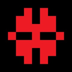 A pixel art style depiction featuring a symmetrical red alien face on a black background. The image uses simple geometric shapes to create a retro gaming aesthetic.