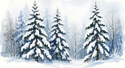 Obraz premium Watercolor painting of snow covered pine trees in a winter forest with a white and blue color palette