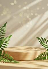 Fototapeta premium Minimalist Podium with Ferns and Sunlight Elegant Product Display in Natural Light.