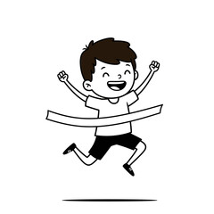 Joyful Boy Crossing Finish Line Winning Race Cartoon Illustration.