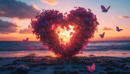 Vibrant floral heart of pink flowers on a beach at sunset with flying butterflies