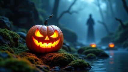 Obraz premium Spooky Halloween Pumpkin Lantern in Misty Forest Landscape
