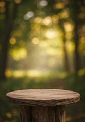 Rustic Wooden Tabletop with Bokeh Forest Background Warm Light and Natural Texture.