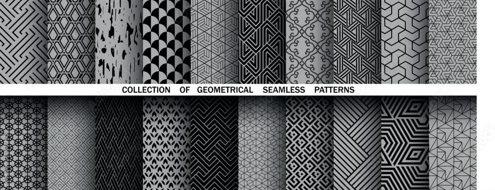 Poster geometric set of seamless black and gray patterns. simple vector graphics
