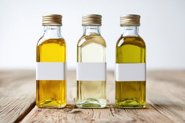 Three oil bottles stand on a wooden surface each with a blank white label filled with liquids of different hues