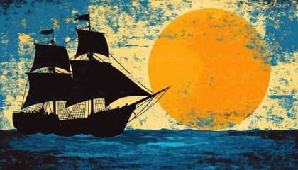 Vintage textured sailing ship silhouette on blue ocean waves under a giant orange sun