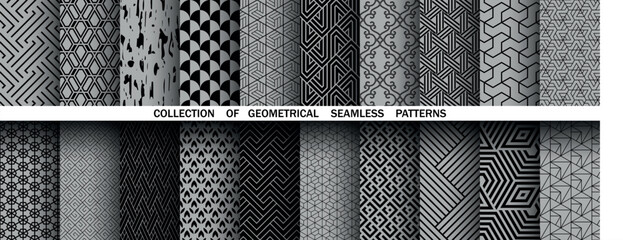 Geometric set of seamless black and gray patterns. Simple vector graphics