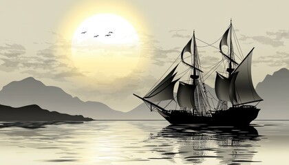 Silhouette of a Sailing Ship at Sunset with Birds Flying Above the Water