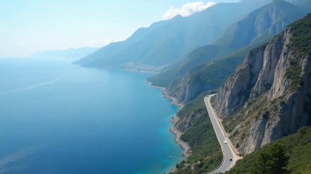 Scenic coastal mountain road in Turkey mountain road through Turkey stunning coastal landscape. Majestic mountains rising on other road epitomizes grandeur Turkey natural beauty dramatic landscapes.