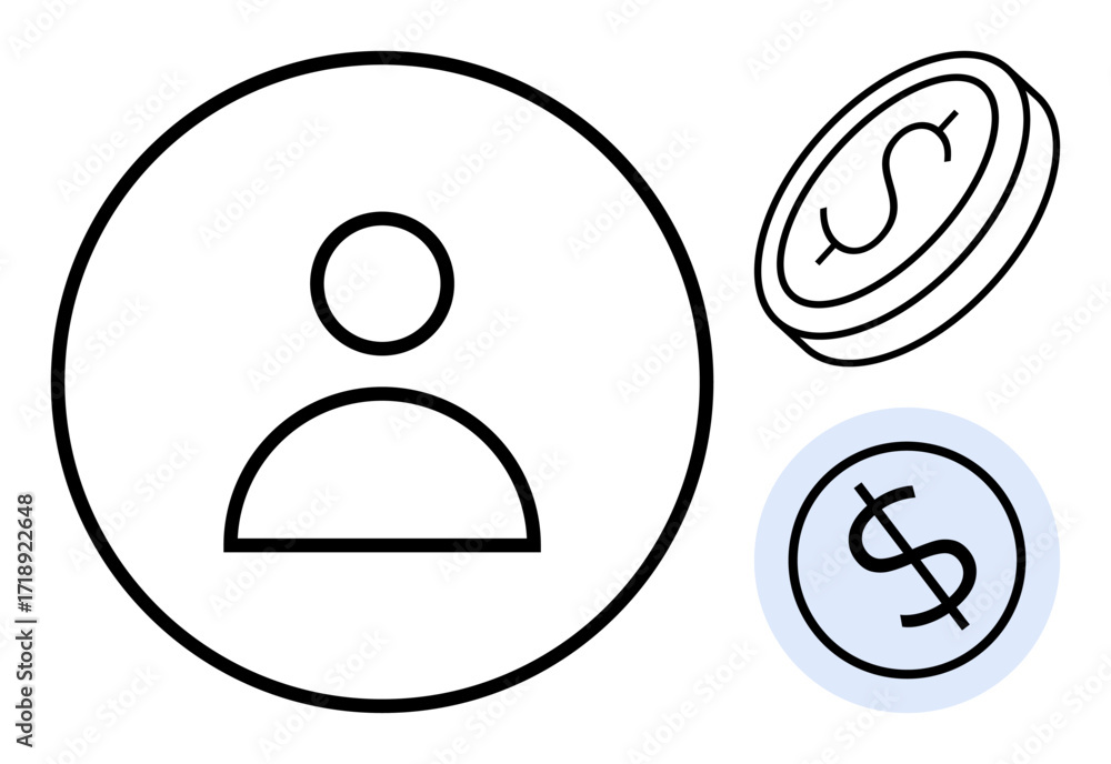 Poster circular user profile icon next to two dollar coins indicating financial concepts. ideal for busines