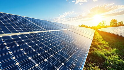 Solar Panel Array Under Bright Sunlight, Renewable Energy Source, Green Field