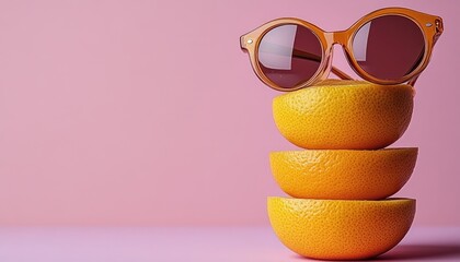 Stacked Oranges with Sunglasses on Pink Background