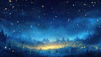 Enchanting Starry Night Sky over Forest with Glowing Fireflies