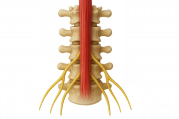 Lumbar spine showcasing vertebrae, spinal cord, and emerging nerve roots with a transparent background