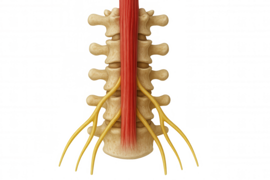 Lumbar spine showcasing vertebrae, spinal cord, and emerging nerve roots with a transparent background