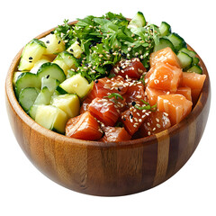 Wooden bowl of mixed poke isolated on a white background
