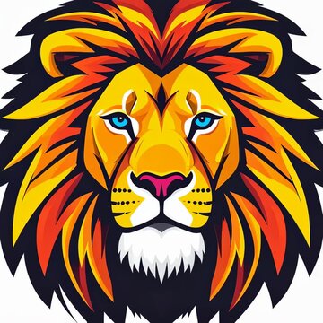 Majestic lion head with a fiery mane in a bold, vibrant vector illustration style, symbolizing power and courage. Ideal for a logo or mascot design
