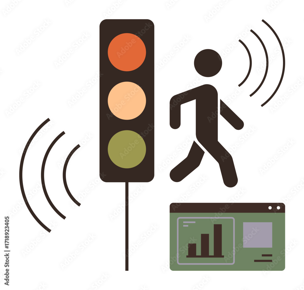 Poster traffic signal with pedestrian symbol, wireless signals, and data analytics dashboard. ideal for mob