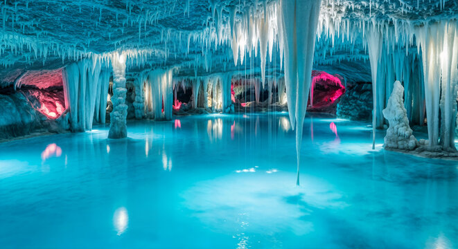 Enchanting ice cave with massive icicles hanging from the ceiling and reflecting in the crystalclear turquoise water below - Powered by Adobe